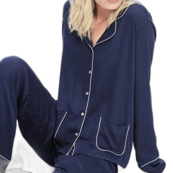 Splendid Navy top women button up shirt Long sleeve Piped Woven PJ size S sleep - Picture 2 of 13